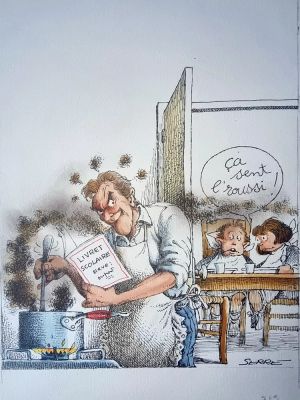 Claude Serre | « livret scolaire » Planche Originale signée Claude Serre publiée en 1994 (taille totale 25 x 32 cm) dans  » petit livre gourmant à l’usage des enfants » éditions Glénat | Serre