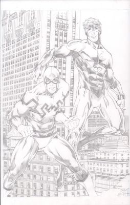 Ricardo Silva | Booster Gold & Blue Beetle with City Backdrop Pencil Art - Signed - 2020 | Anthony’s Comic Book Art