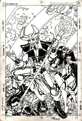Paris Cullins - Blue Devil #4 Unpublished Cover (Blue Devil Beats Up Bad Guys with Wonder Woman & Zatanna Hugging Each Other!) 1984