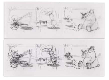 WALT DISNEY STUDIOS / FLOYD GOTTFREDSON (1905-1986) Mickey Mouse ice fishing daily comic preliminary sketch (pair). | Swann Galleries