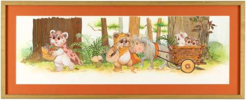 STAR WARS: RETURN OF THE JEDI EWOKS BOOKCASE/TOY CHEST ORIGINAL ART FRAMED DISPLAY. | Hake’s