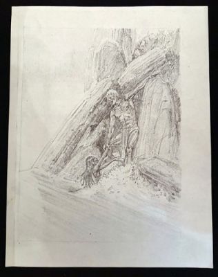 JOHNNY CRAIG ESTATE: 8.5x11” pencil drawing of man on rocks rescuing woman