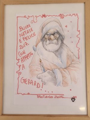 Troinao - Dessin Du Père Noël Au Crayon de Papier Et de Couleurs, Signé Au Feutre Rouge. Joyeux Noël À Gérard Par Troiano. Encadré. | Lot 337 : | misc / divers