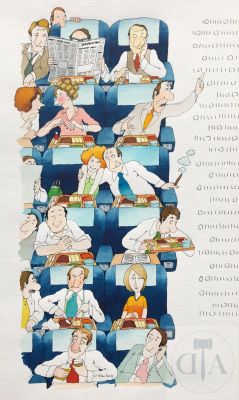 Roger Blachon / Air France. Dessin original illustrant des personnages assis en cabine d‘avion dans des attitudes variées. Oeuvre rare de grande qualité réalisée pour une publicité Air France. Encre de Chine, pastel et gouache sur papier vers 1975. Signé. TBE+. 28 X 16 cm - Lot 508 : Roger Blachon / Air France. Dessin original illustrant des…