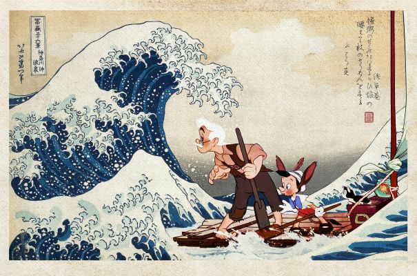 Pinocchio, Geppetto & The Great Wave 神奈川沖浪裏 | Corner4art