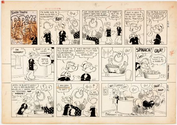 Bud SAGENDORF - Striscia originale domenicale Sunday comic strip Popeye. Cm. 61 x 43 (enormous size). King Features Syndicate 20-3-1960. Firmata.