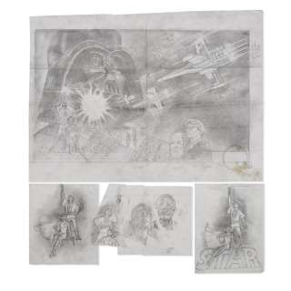A Tom Jung original Star Wars: Episode IV - A New Hope concept artwork for the half sheet poster with additional sketches | Bonhams