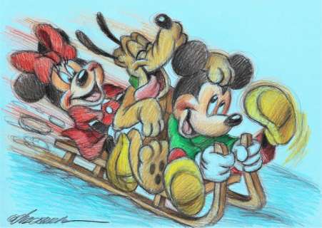 Joan Vizcarra | Mickey, Minnie and Pluto Sledging! - Original Drawing - Joan Vizcarra | Catawiki