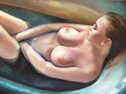 Kirilova Julia | Big Boobs Beauty in the Bath - Original Pastel Painting Illustration (A3) - (2018) | Catawiki