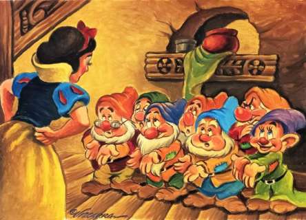 Joan Vizcarra | Snow White and The Seven Dwarfs - "Let Me See Your Hands" - Acrylic Painting - Joan Vizcarra - Original Art - 35 x 50 cm | Catawiki