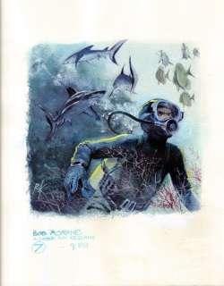 Follet, René - Bob Morane | Follet, René - Bob Morane - Illustration originale - Le lagon aux requins. Plongeur et requins. - (2000) | Catawiki