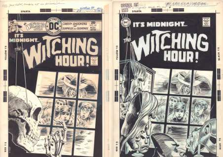 Luis Dominguez, Nick Cardy - Witching hour #60 used and unpublished covers - mordred with kids at shop window - masks of frankenstein, werewolf, & phantom of the opera - 1975 signed