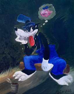 Bas Heymans | Bas Heymans - Schilderij - Olieverf op Canvas - "Grote Boze Wolf heeft honger in het bos" - 29,7 x 21 cm | Catawiki