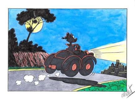Millet | Donald Duck - Driving at Night - Signed Original Colour Drawing by Millet | Catawiki