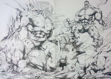 Jose Luis | Fantastic Four, Hulk, X-Men, Doomsday 22x17 inches -A2 - Encré - Jose Luis - Doomsday VS Hulk, the Thing (FF), Juggernaut and the Rhino - Page volante - Exemplaire unique - (2011) | Catawiki