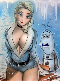 Alvin Silvrants | Olaf is growing a firm carrot for hot Elsa - Original drawing in colour by Alvin Silvrants | Catawiki