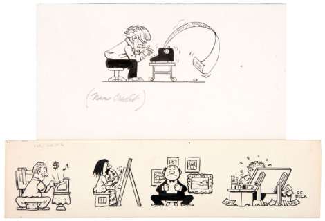 CAPTAIN MARVEL CREATOR C.C. BECK SELF-CARICATURE ORIGINAL ART PAIR. | Hake’s