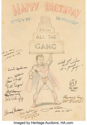Joe Shuster - Superboy Birthday Greeting Illustration Original Art with 14 DC Staff Signatures (1945). | Heritage