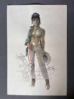 Hermann | Hermann - Dessin original aquarelle et feutre noir - Comanche au chapeau - Comanche | Catawiki