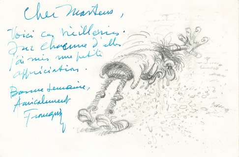 André Franquin | Dessin original à la mine de plomb offert à Thierry Martens. | Septimus