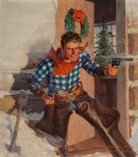 Robert G. Harris (American, 1911-2007) Law Guns, Wild West Weekly magazine cover, December 26, 1936 Oil on canvas 25 ... (Total: 2 Items) | Heritage