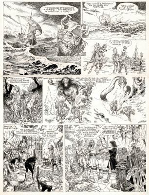 Funcken - Lot 391 - Harald le Viking rencontre Thorgal, planche originale à l’encre de chine publiée dans le journal Tintin et réalisée pour les 10 ans de Thorgal.