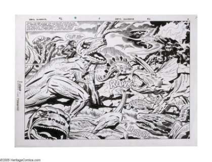 Jack Kirby and Mike Royer - Devil Dinosaur #1, Splash Page 2 and 3 Original Art (Marvel, 1978). Moonboy urges - | Heritage