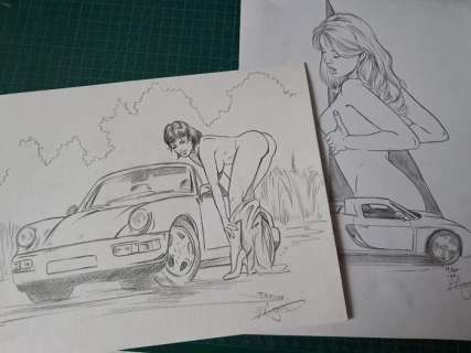 Legein, Pierre - 2 Original drawing - Automobile de charme - Porsche - 2007 | Catawiki