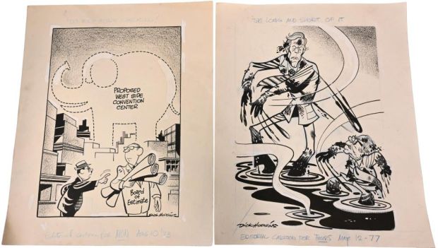 Lot 67 - 9 Dick Hodgins (American 20th Century), Original Editorial Cartoons Nine original pen and ink editorial cartoons on… | misc / divers
