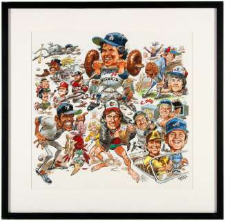 JACK DAVIS FRAMED FULL COLOR ORIGINAL ART WITH VARIOUS BASEBALL STARS. | Hake’s
