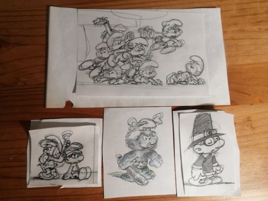 Peyo Studio - 4 Original preliminary drawing - Les Schtroumpfs | Catawiki
