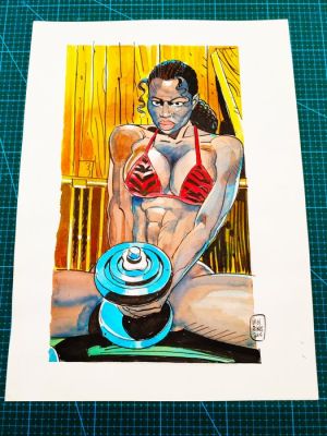Luigi Siniscalchi - 1 Dessin original en couleur - Sexy Eros - La Body Builder - 2005