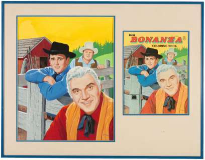 "BONANZA" COLORING BOOK COVER ORIGINAL ART FRAMED DISPLAY. | Hake’s