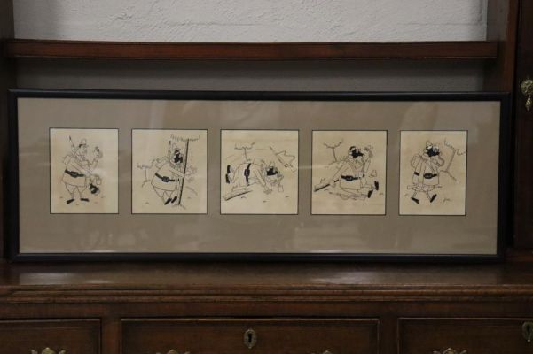 Lot 389 - Rare group of five cartoons forming a comic strip mocking a Japanese soldier by Vane Lindesay, signed at lower right of… | misc / divers