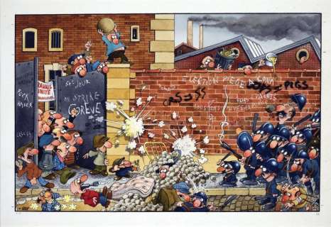 Loup, Jean-Jacques (1936-2015) | En grève. Encre de Chine et encres de couleurs pour cette illustration humoristique.... | Coutau Bégarie