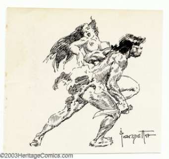 Frank Frazetta - Original Sketch, "Kidnapped" (undated). A primitive man hunts and gathers a nubile - | Heritage