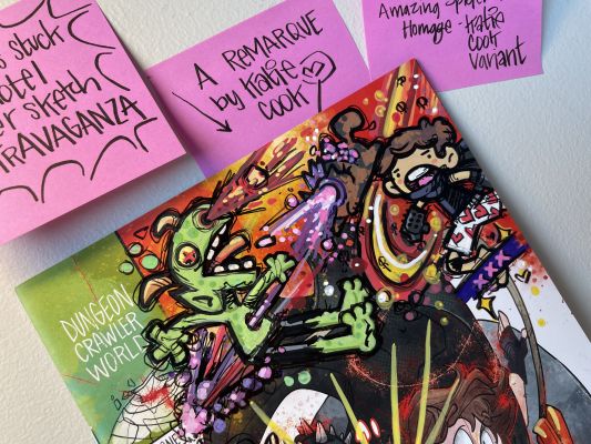 Katie Cook - Dungeon Crawler Carl #0 Katie Cook cover w/ remarque - Donut and Carl Fight
