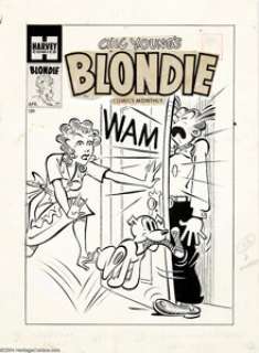 Paul Fung Jr. (attributed) - Original Cover Art for Blondie #77 (Harvey, 1955). Blondie and Daisy slam the door on - | Heritage