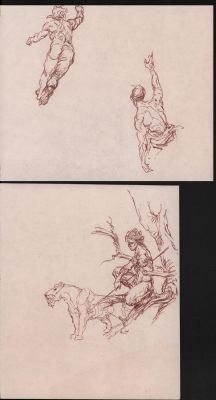 Roy Krenkel | Doublesided Crouched Warrior & Sabretooth Tiger Ink Sketches | Anthony’s Comic Book Art