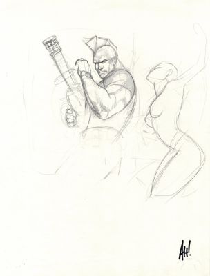 Adam Hughes | Savage Dragon Early Prelim Drawing with Babe For Published Projects From 1993 Sketch Book (Signed!) | Romitaman