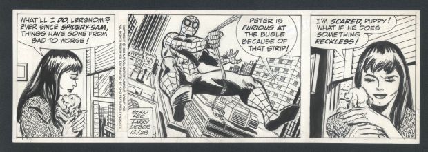 Larry Lieber | Spider-Man Daily By Lieber And Lee - Large Panel of Spidey Swinging Over the City - 2 Panels of Mj with Puppy Issue Spider-Man Daily Page 12-28-1988 | Koch Comic Art