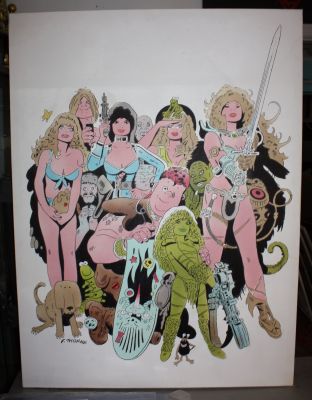 Frank Thorne | Frank Thorne Creator Owned Characters Roll Call Large Painting on Canvas - Ghita, Moonshine McJugs, Lann, Danger Rangerette - Signed on Back | Anthony’s Comic Book Art