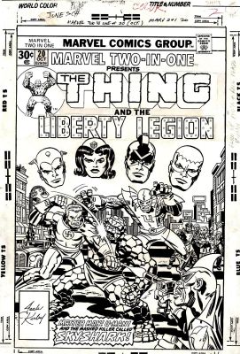 Jack Kirby | Kirby, Jack - Marvel Two-in-One #20 Cover, Thing in Ww2 Fight with Golden-Age Liberty Legion 1976 @ Coollines Ar Comic-Con Booth | Cool Lines Art