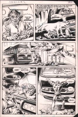 Rudy Nebres | Lancelot Strong: the Shield #2 P.5 - Shield Stops a Bus - 1983 | Anthony’s Comic Book Art