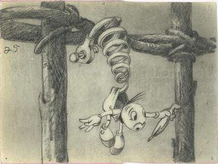PINOCCHIO - Studio Disney, 1940. Dessin de storyboard de Jiminy attaché | Rossini