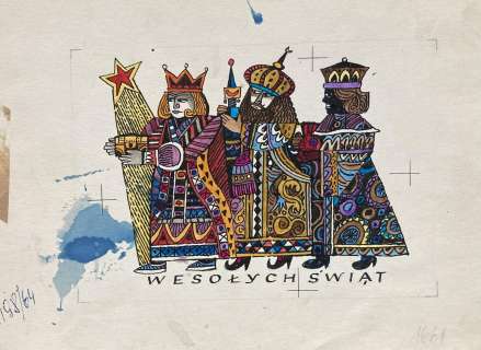 Zbigniew Rychlicki (1922 - 1989) | Zbigniew Rychlicki | Trzej Królowie z darami, projekt kartki noworocznej | Desa Unicum