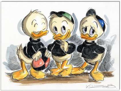 Donald Duck - Originele tekening - Aquarel & Inkt - Huey, Dewey, and Louie (2018) | Catawiki