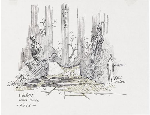 Mike Mignola | Mike Mignola - Hellboy Movie - 2002 - Church Ruins - Concept Illustration | ComicArtFans Classifieds
