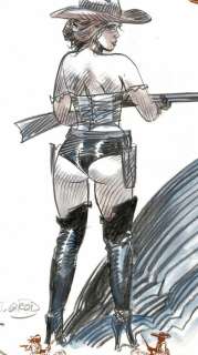 Thierry Girod - Dessin original en couleur sur une sérigraphie (72/80) - Le grand duel - La femme aux grandes bottes - Page volante - (2015) | Catawiki