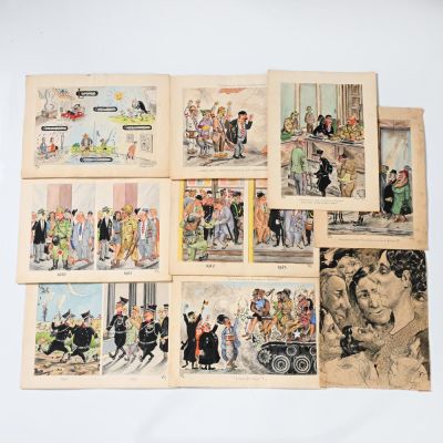 Lot 895 - Jean Vermeire (1918–2009), Cartoons relating to the Second World War, 8 watercolours signed JIV and an ink drawing… | misc / divers
